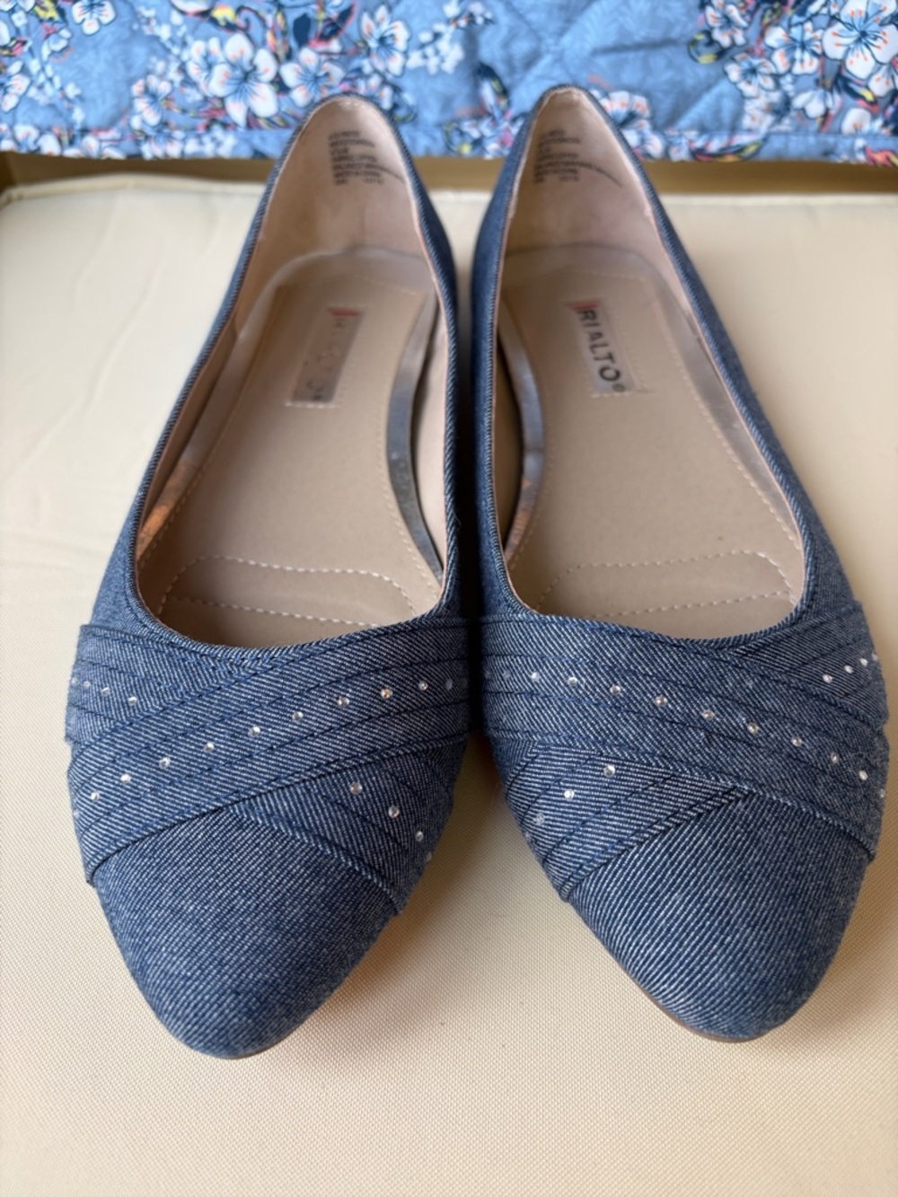 Rialto Blue Denim-Style Pointed Toe Flats with Stud Detail